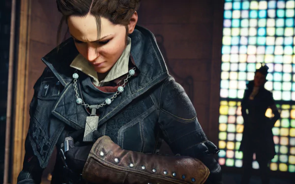 Evie Frye from Assassin's Creed: Syndicate appears in a detailed HD PC desktop wallpaper, showcasing her in dark, Victorian-era attire against a stained-glass window background.