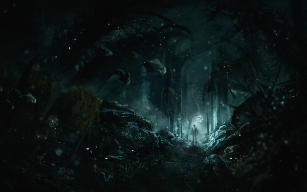 A dark, atmospheric scene from the video game SOMA, featuring a lone figure amidst eerie underwater vegetation and glowing elements, creating a sense of mystery and exploration.