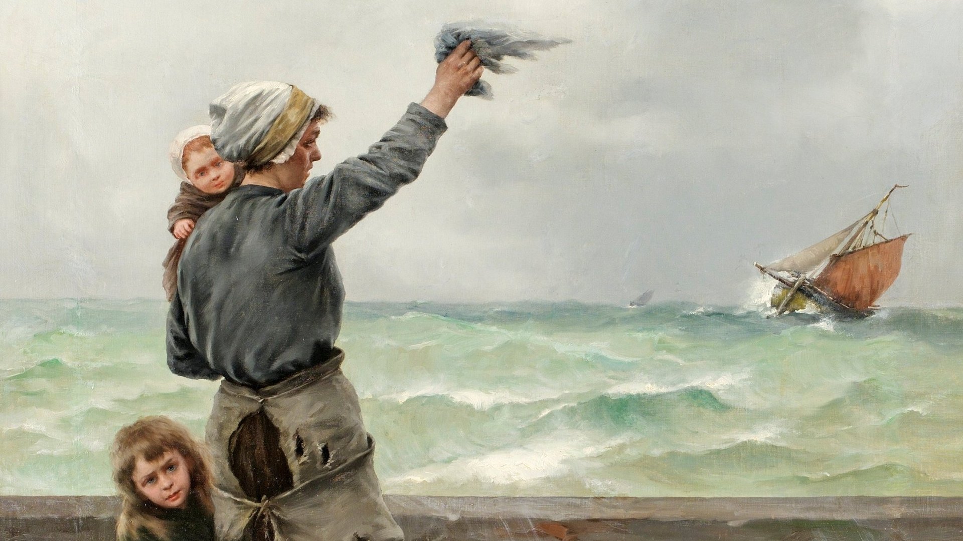 Artistic painting of a woman holding a child and releasing a bird by the sea, with another child nearby and a ship sailing in choppy waters; HD PC desktop wallpaper.