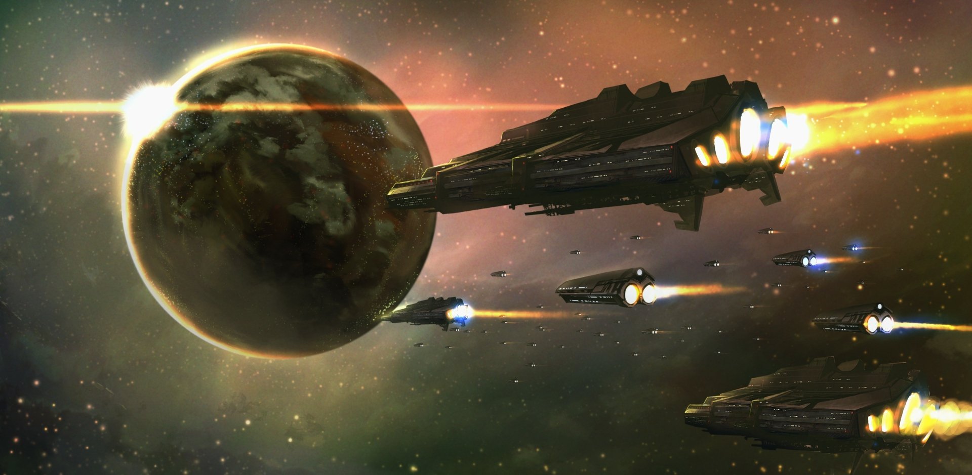HD sci-fi desktop wallpaper featuring a fleet of spaceships flying near a glowing planet in deep space with engine thrusters blazing.
