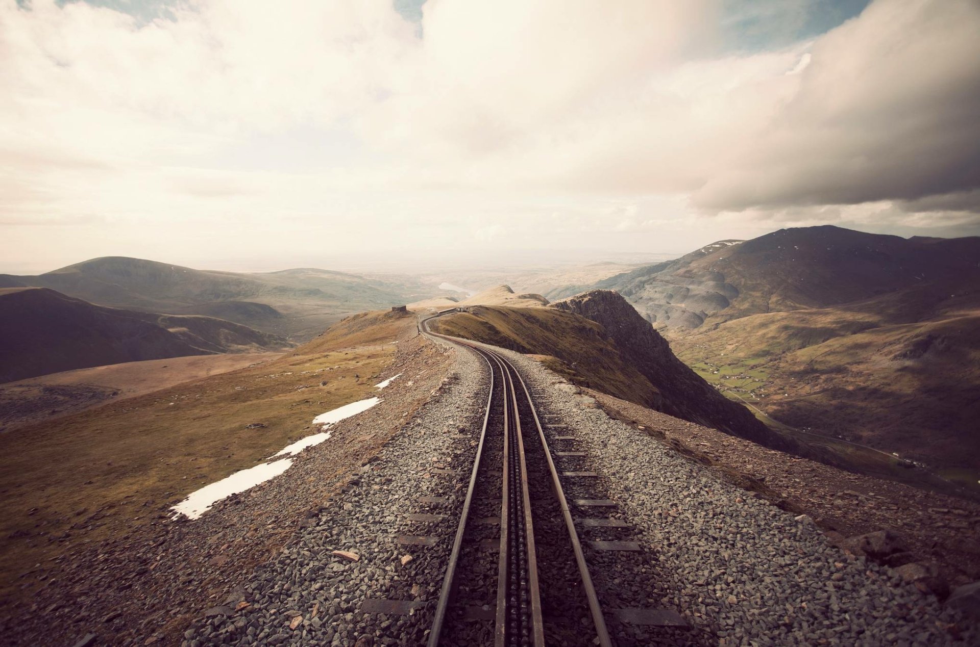 HD desktop wallpaper featuring a man-made railroad track winding through mountainous terrain under a cloudy sky.