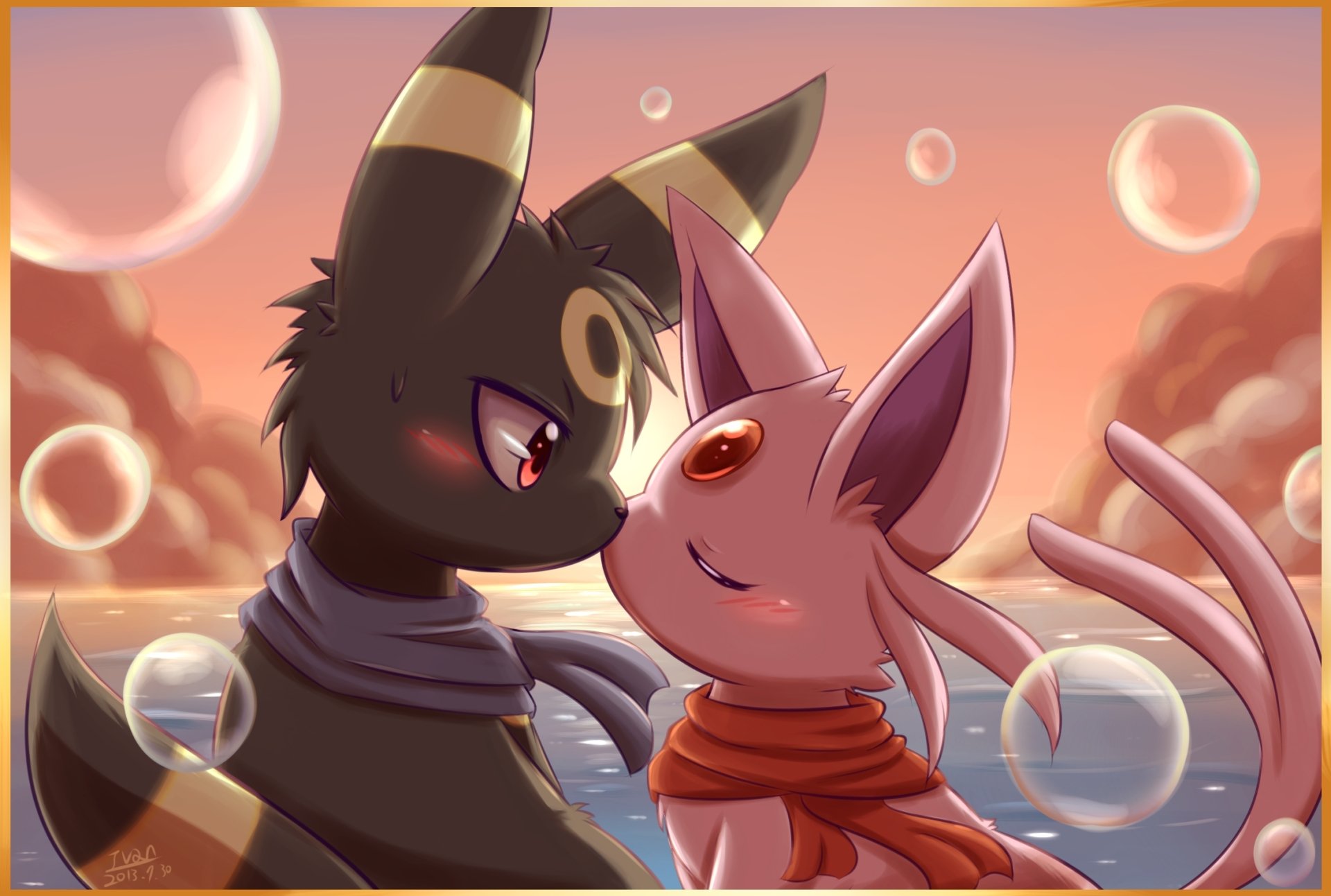 Espeon and umbreon kissing