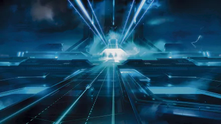 HD PC desktop wallpaper featuring a futuristic, neon-lit cityscape from the movie TRON: Legacy, highlighting its iconic digital and cybernetic aesthetic.