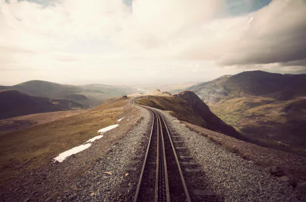 HD desktop wallpaper featuring a man-made railroad track winding through mountainous terrain under a cloudy sky.