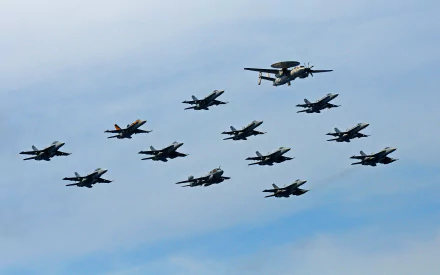  Military aircraft fly in formation during an air power demonstration. by Alan Gragg
