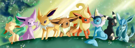 HD anime desktop wallpaper featuring various Eevee evolutions from Pokémon against a serene, glowing background.