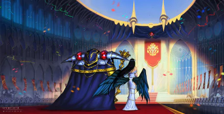 HD desktop wallpaper of anime characters Albedo and Ainz Ooal Gown from Overlord, set in a grandiose hall with elaborate decorations and a regal atmosphere.