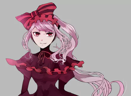 HD anime wallpaper featuring Shalltear Bloodfallen from Overlord, with her long pink hair and red-themed gothic attire against a plain gray background.