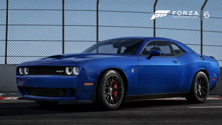 HD PC desktop wallpaper featuring a blue Dodge Challenger SRT Hellcat from the video game Forza Motorsport 6, set against a fenced track background.