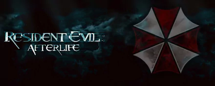 HD PC desktop wallpaper featuring the movie Resident Evil: Afterlife logo with a dark, stormy background and the iconic red and white Umbrella Corporation symbol.