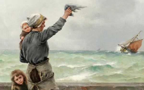 Artistic painting of a woman holding a child and releasing a bird by the sea, with another child nearby and a ship sailing in choppy waters; HD PC desktop wallpaper.