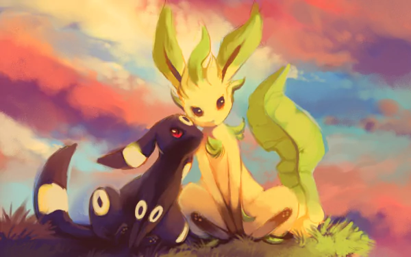 A beautiful HD anime-style desktop wallpaper featuring two Pokémon, Leafeon and Umbreon, set against a vibrant sunset sky.