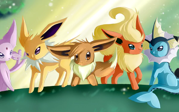 HD anime desktop wallpaper featuring various Eevee evolutions from Pokémon against a serene, glowing background.