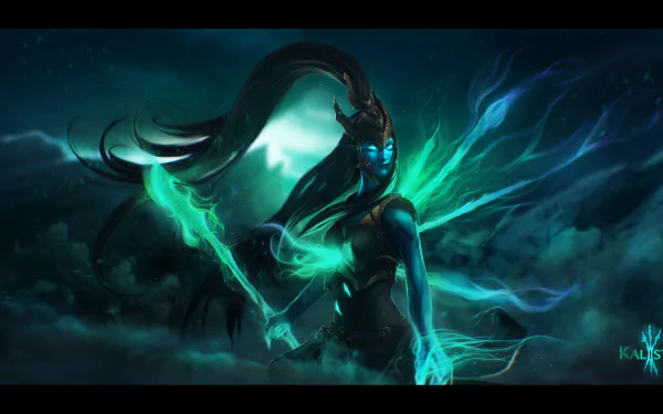 A captivating HD wallpaper featuring Kalista from League of Legends, showcasing her ethereal form with dark hues and glowing accents against a mystical backdrop.