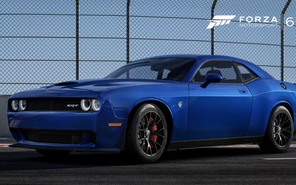 HD PC desktop wallpaper featuring a blue Dodge Challenger SRT Hellcat from the video game Forza Motorsport 6, set against a fenced track background.