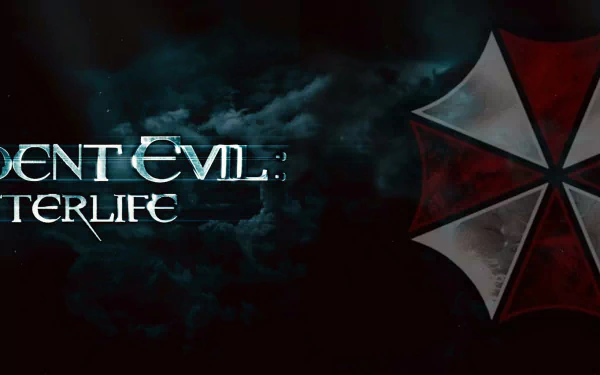 HD PC desktop wallpaper featuring the movie Resident Evil: Afterlife logo with a dark, stormy background and the iconic red and white Umbrella Corporation symbol.