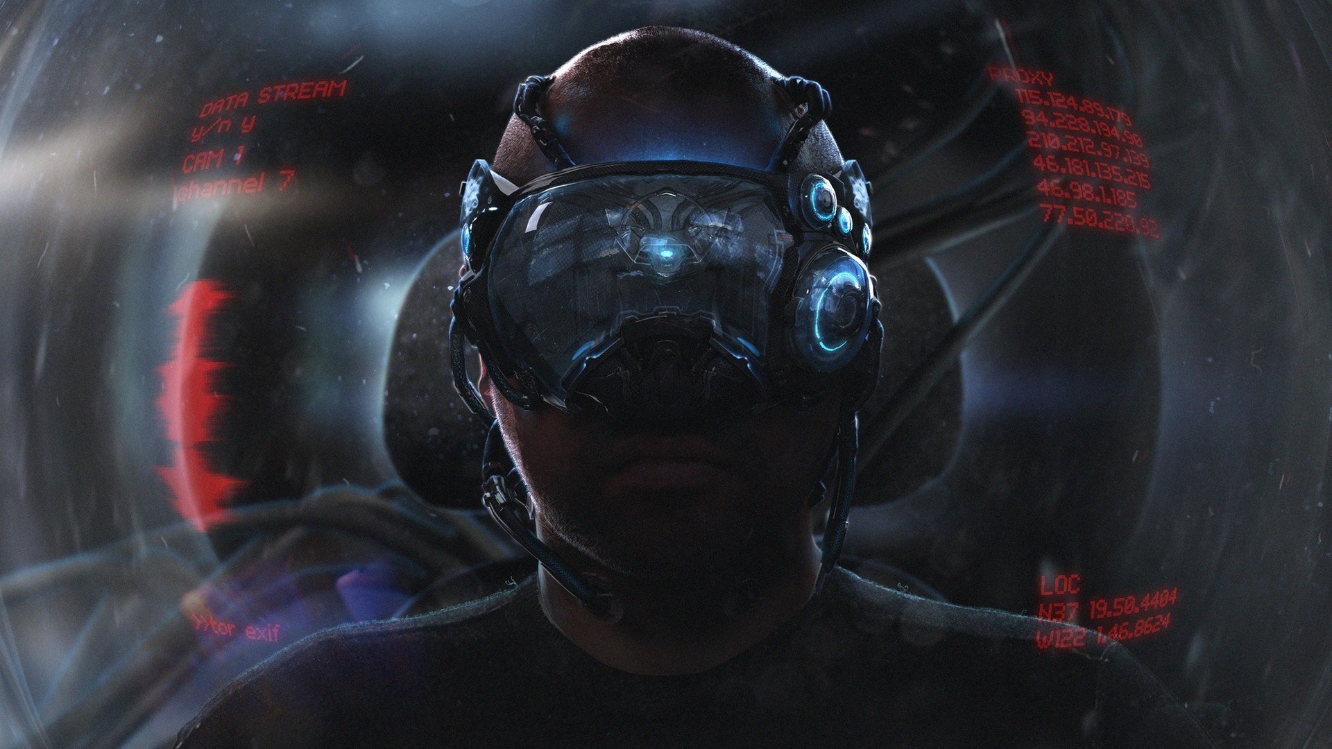 HD PC desktop wallpaper from the video game Get Even: silhouetted man in a futuristic VR/helmet with glowing blue lenses and red HUD overlays.