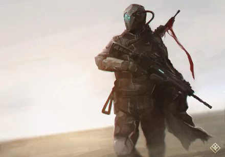 Sci-fi warrior in advanced armor stands against a hazy backdrop, gripping a futuristic weapon, captured in an HD PC desktop wallpaper and background.