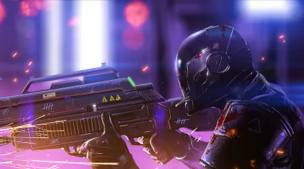 A futuristic warrior with a sleek helmet aims a high-tech weapon, set against a vibrant sci-fi backdrop, creating an intense and dynamic HD wallpaper.