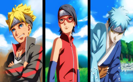HD desktop wallpaper featuring Mitsuki, Sarada Uchiha, and Boruto Uzumaki from the anime Boruto: Naruto the Movie, set against vibrant backgrounds showcasing their striking poses.