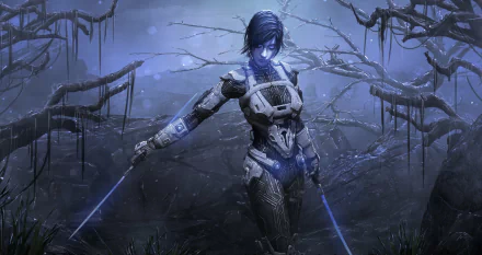A fierce woman warrior in futuristic armor stands ready with glowing blue blades in a dark, eerie forest. 4K Ultra HD fantasy PC desktop wallpaper.