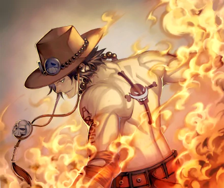HD desktop wallpaper featuring Portgas D. Ace from the anime One Piece, depicted with his signature hat, glowing in flames.
