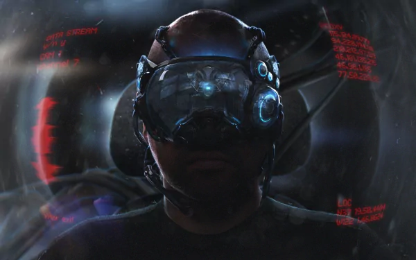 HD PC desktop wallpaper from the video game Get Even: silhouetted man in a futuristic VR/helmet with glowing blue lenses and red HUD overlays.