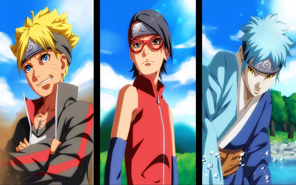 HD desktop wallpaper featuring Mitsuki, Sarada Uchiha, and Boruto Uzumaki from the anime Boruto: Naruto the Movie, set against vibrant backgrounds showcasing their striking poses.