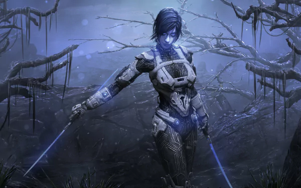 A fierce woman warrior in futuristic armor stands ready with glowing blue blades in a dark, eerie forest. 4K Ultra HD fantasy PC desktop wallpaper.