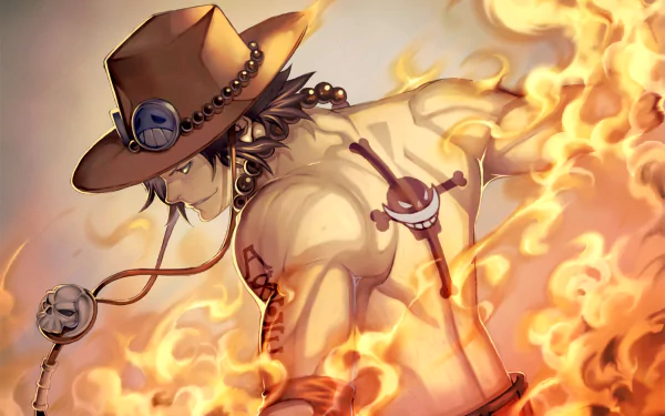 HD desktop wallpaper featuring Portgas D. Ace from the anime One Piece, depicted with his signature hat, glowing in flames.
