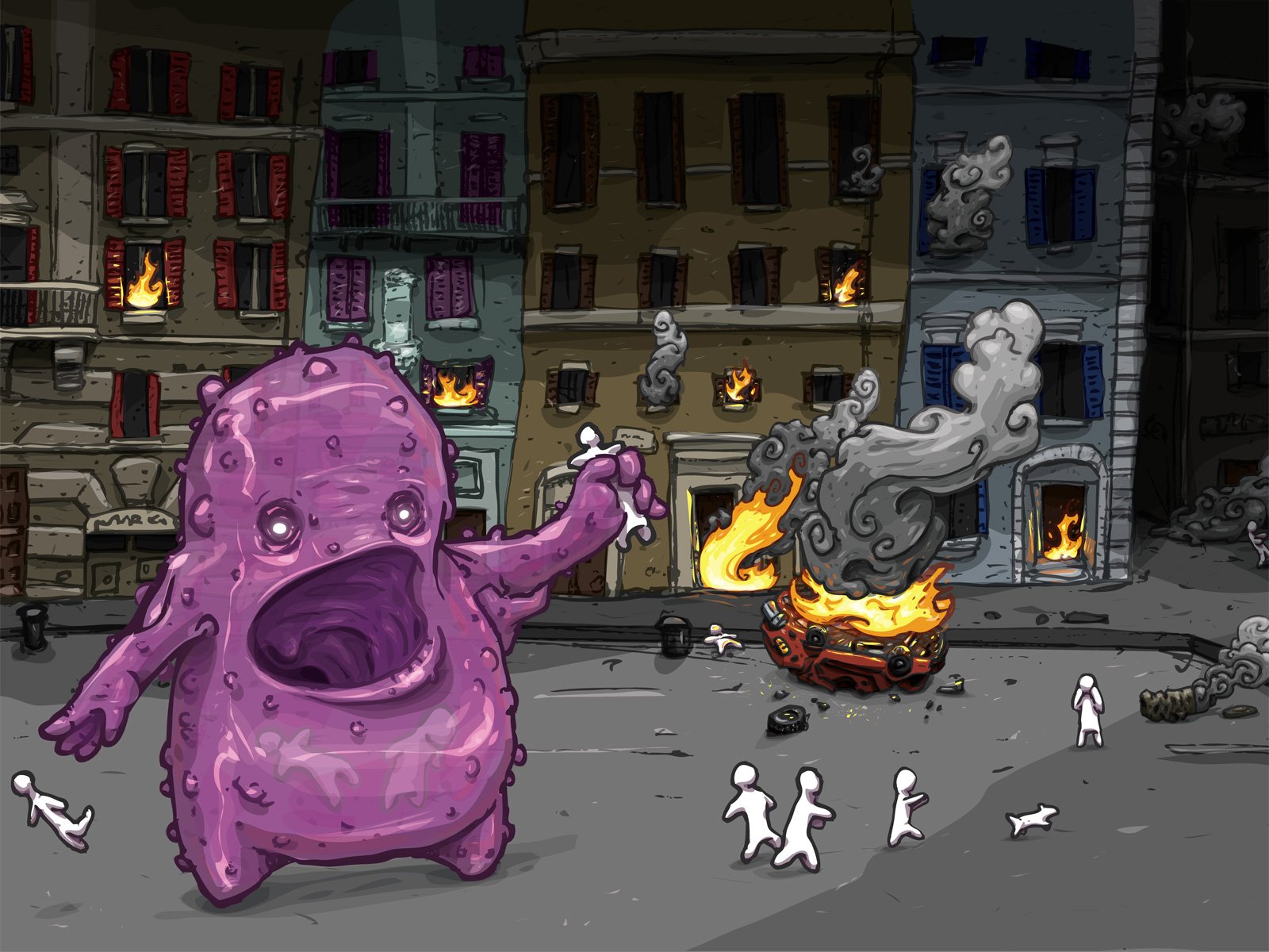 An artistic drawing of a whimsical purple monster in a chaotic urban scene, with burning buildings and tiny white figures, designed as a striking HD desktop wallpaper.