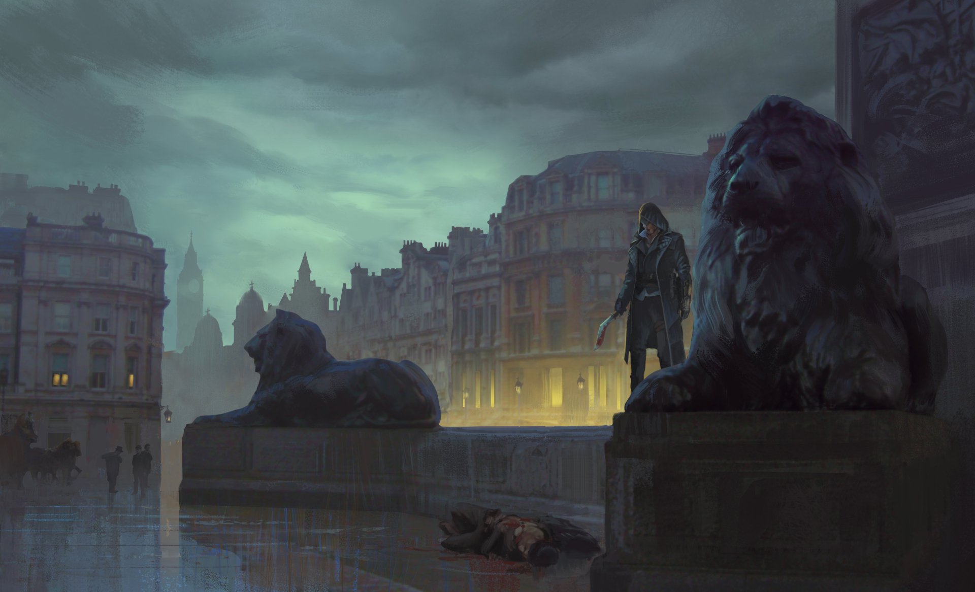 HD PC desktop wallpaper featuring a dark, atmospheric scene from Assassin's Creed: Syndicate, showcasing a hooded figure near lion statues in a foggy cityscape.