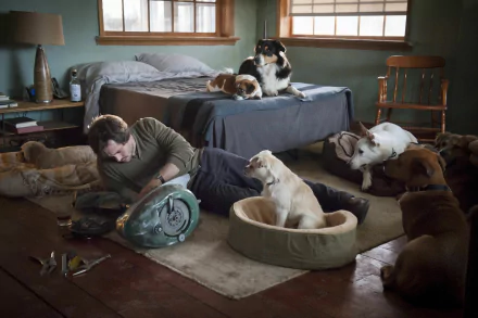 2K Quad HD PC wallpaper from TV series Hannibal: a man lies on a rustic bedroom floor surrounded by numerous dogs and dog beds.