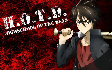 A dynamic HD wallpaper featuring Takashi Komuro from Highschool of the Dead, showcasing his intense expression and wielding a bat against a striking red background.