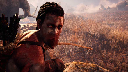 A captivating HD desktop wallpaper featuring a character from the video game Far Cry Primal, set in a rugged landscape with a hunter preparing for action.