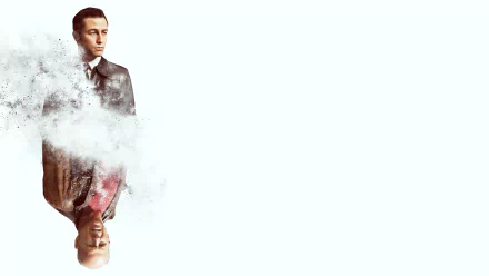 HD desktop wallpaper for the movie Looper: a suited man and his upside-down mirrored older self dissolving into smoke on a pale background.