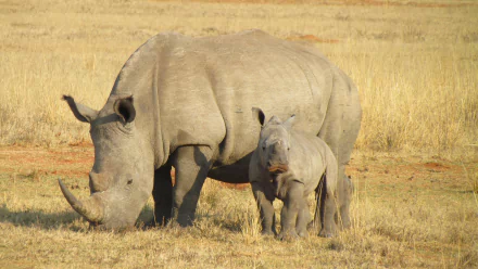 A serene scene in Africa features a mother rhino and her baby grazing in a golden grassland, captured in stunning 4K Ultra HD for a captivating desktop wallpaper.
