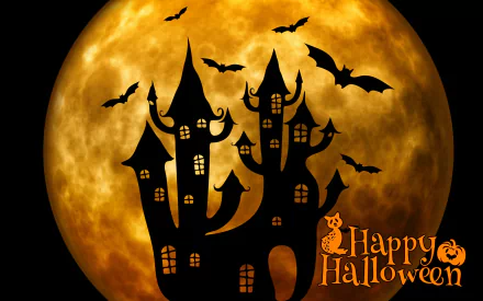 A haunting silhouette of a castle under a full moon, with bats flying near the top. The text Happy Halloween adds a festive touch to this spooky HD desktop wallpaper.