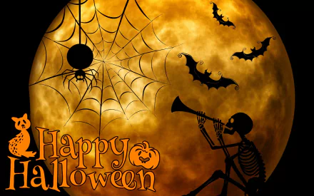 A spooky Halloween scene featuring a skeleton playing a trumpet under a full moon, surrounded by bats and a spider web, all complemented by playful Happy Halloween text.