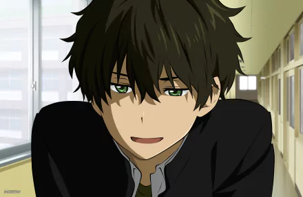 Hōtarō Oreki from the anime Hyouka is depicted in this HD desktop wallpaper, showcasing his signature relaxed expression in a school setting.