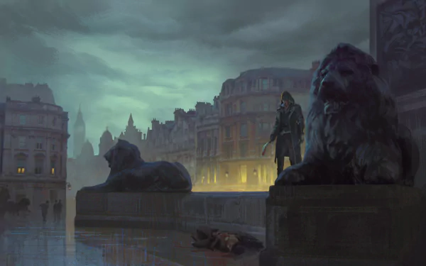 HD PC desktop wallpaper featuring a dark, atmospheric scene from Assassin's Creed: Syndicate, showcasing a hooded figure near lion statues in a foggy cityscape.