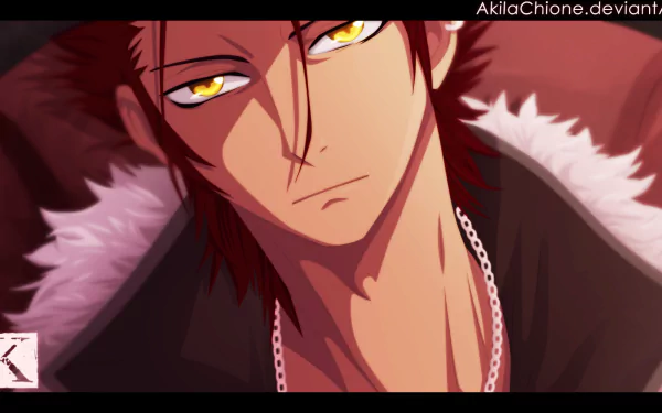 HD anime desktop wallpaper featuring Mikoto Suoh from K Project with intense golden eyes and a fur-collared jacket against a warm red background.