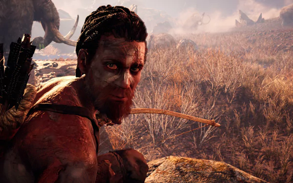 A captivating HD desktop wallpaper featuring a character from the video game Far Cry Primal, set in a rugged landscape with a hunter preparing for action.