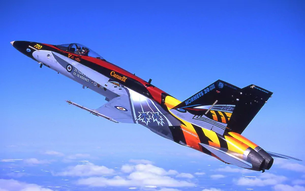 McDonnell Douglas CF-18 Hornet jet fighter in vibrant military livery soars against a clear blue sky, captured as an HD desktop wallpaper background.
