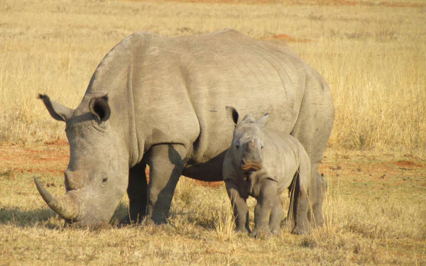 A serene scene in Africa features a mother rhino and her baby grazing in a golden grassland, captured in stunning 4K Ultra HD for a captivating desktop wallpaper.