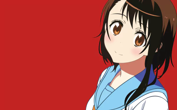 A vibrant HD desktop wallpaper featuring Kosaki Onodera from the anime Nisekoi, showcasing her friendly expression against a bold red background.