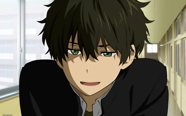 Hōtarō Oreki from the anime Hyouka is depicted in this HD desktop wallpaper, showcasing his signature relaxed expression in a school setting.