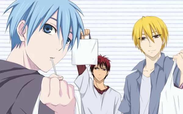 Three characters from Kuroko's Basketball—Ryōta Kise, Taiga Kagami, and Tetsuya Kuroko—pose together with playful expressions, captured in a vibrant HD desktop wallpaper.