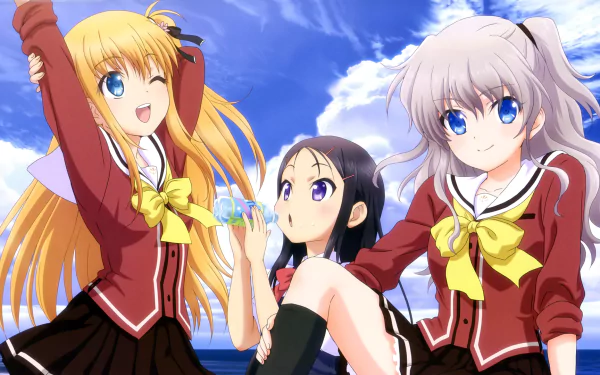 HD desktop wallpaper featuring Ayumi Otosaka, Yusa Kurobane, and Nao Tomori from the anime Charlotte, showcasing the characters in a cheerful outdoor setting with a bright blue sky.