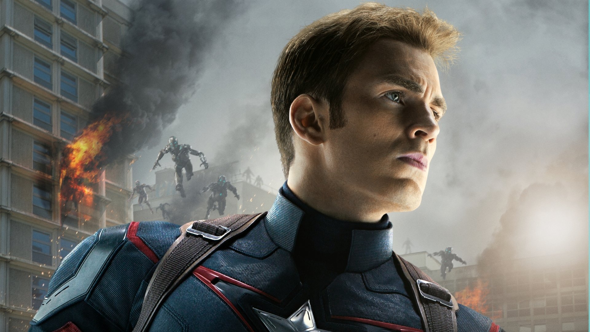 A dramatic image featuring Chris Evans as Captain America from *Avengers: Age of Ultron*, showcasing a tense battle scene amidst destruction and chaos.